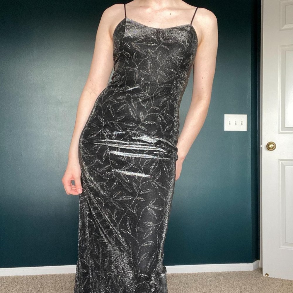 Vintage 90's Jessica McClintock Gunne Sax Glitter Leaf Print Maxi Formal Dress